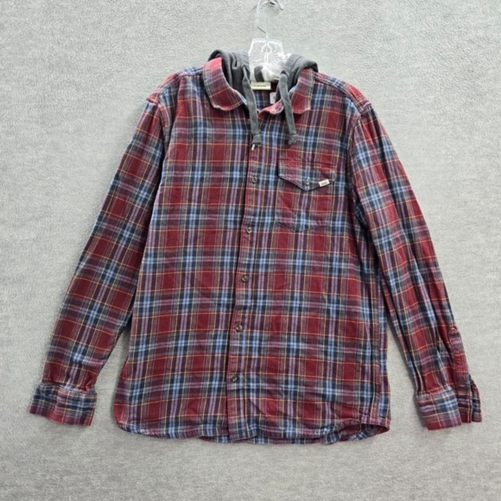 VANS Men Jacket Medium Red Plaid Flannel Shacket Hooded Drawstring Long Sleeve